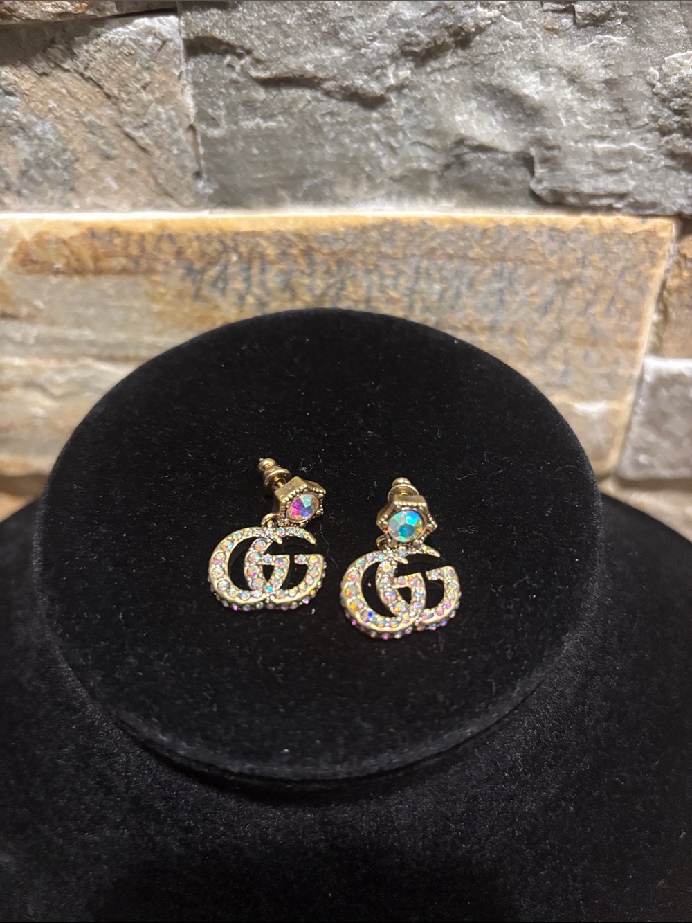 Gucci Gold-Tone Double G Earrings with Iridescent Crystals